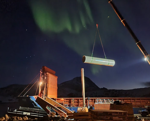 Amiblu GRP pipes unloading Gigante Salmon fish farm aurora borealis