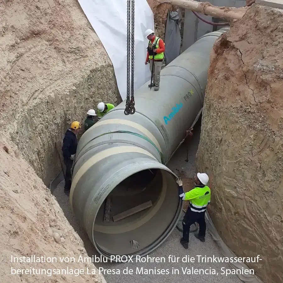 Installation von Amiblu PROX Rohren für die Trinkwasseraufbereitungsanlage La Presa de Manises in Valencia, Spanien